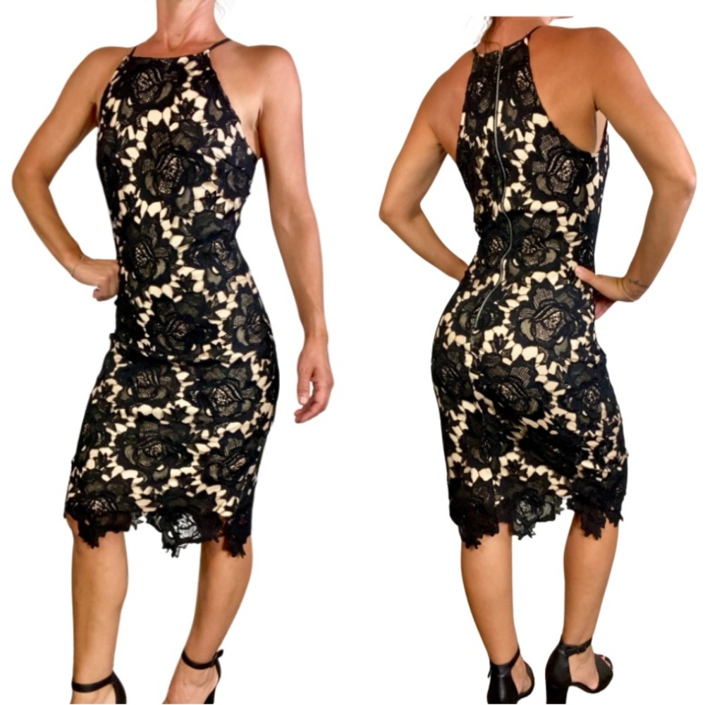 Classy Lace Fitted Sheath Midi Dress Sexy Halter Neckline Black & Tan Sz Small